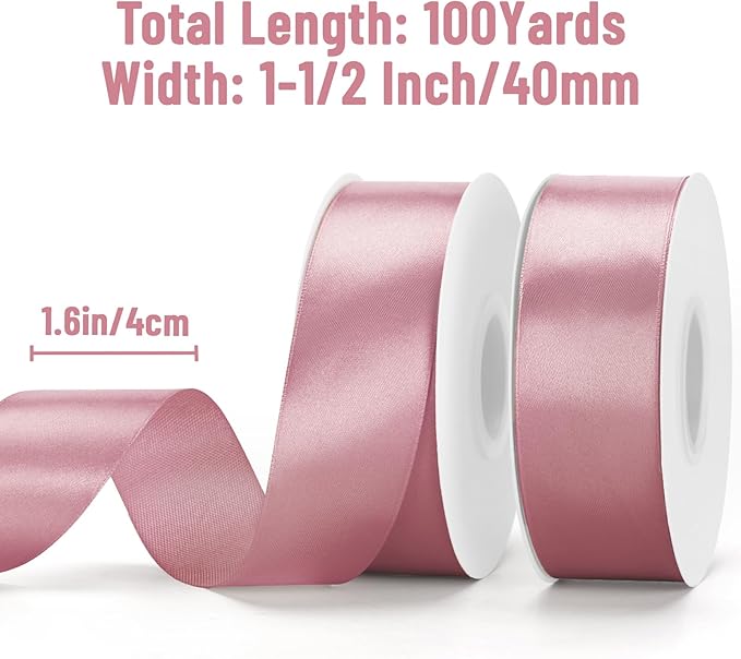 KINGLAKE Mauve Satin Ribbon - 1 1/2'' x 100 Yards Polyester Rosy Mauve Ribbon for Valentine's Day Gift Wrapping Wedding Party Decoration DIY Crafts Floral Bouquets and Wreath Bows