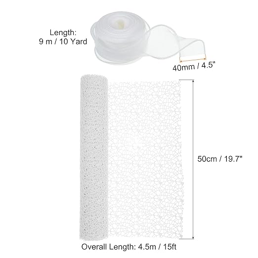 PATIKIL Flower Wrapping Mesh Paper, 15ft Floral Bouquet Craft Packaging Hollow Net Yarn with Ribbon for Flowers Gift Packaging, White