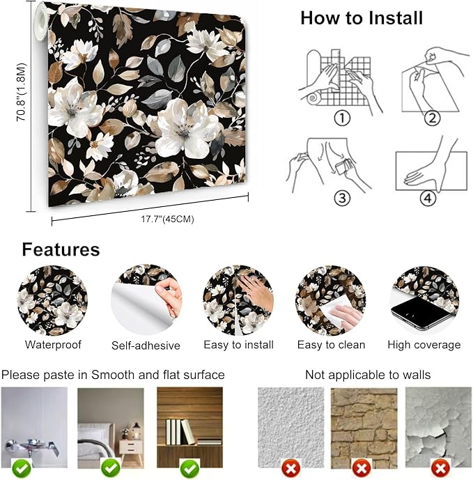 Vintage Dark Black Floral Peel and Stick Wallpaper Modern Botanical Flower Waterproof Removable Self Adhesive Vinyl Contact Wall Paper for Farmhouse Bathroom 17.7" X 70.8" Roll