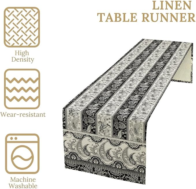 Vintage Bohemian Table Runner, Striped Black Grey Paisley Flower Boho Table Runner for Kitchen Dining Holiday Home Party, 13x120 Inch