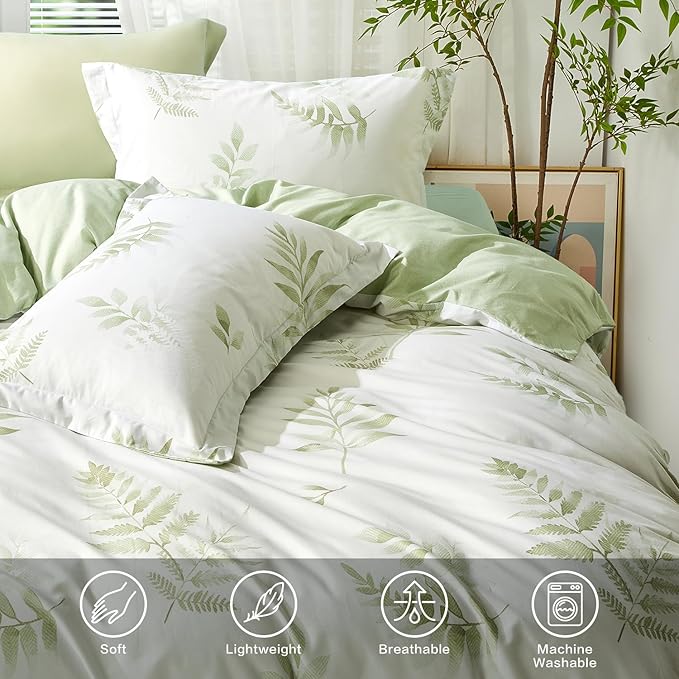 SAPHREAS Green Leaves Duvet Cover Set Full Size 3pcs Tropical Leaf Botanical Bedding Comforter Cover Set Cotton Soft Breathable 1 Duvet Cover 2 Pillow Shams, Comforter Not Included
