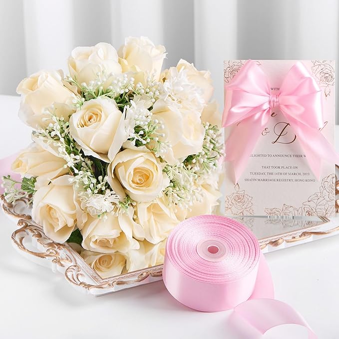 1-1/2 Inches 50 Yards Light Pink Satin Ribbon, Solid Fabric Ribbon Roll for Flower Bouquets, Gift Wrapping, Wedding, Handmade Crafts