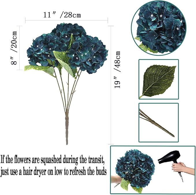 2Bouquets Artificial Fake Flowers Plants Silk Hydrangea Arrangements Wedding Bouquets Decorations Plastic Floral Home Kitchen Garden Party Festival Bar DIY((Dark Peacock Blue)