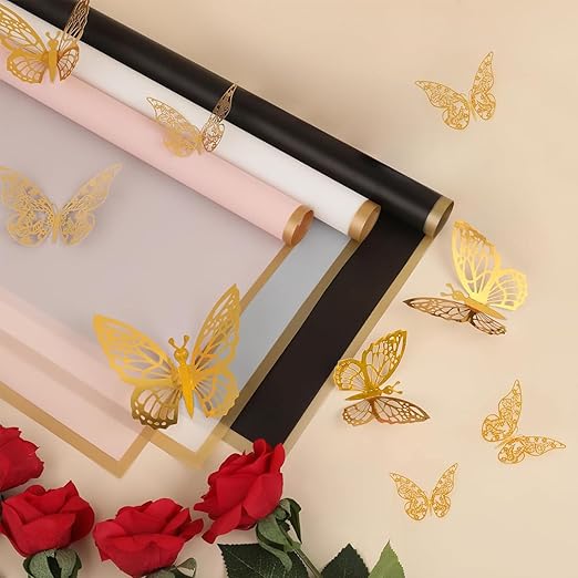 Woohome Flower Wrapping Paper Bouquet Kit, 60 Sheet Flower Bouquet Wrapping with 3D Butterflies Wishes Cards Ribbons for Mother's Day Gifts Wedding Valentine Birthday DIY Craft - Black Gray Silver