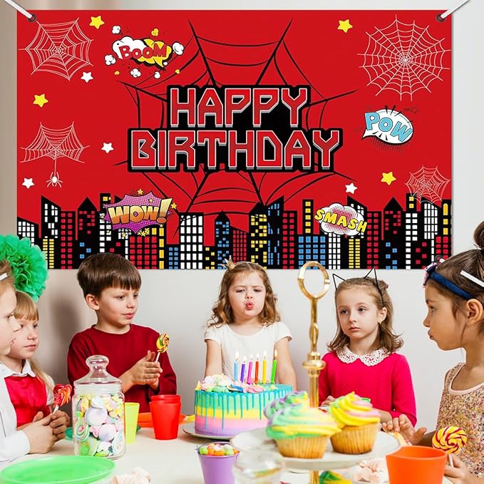 Superhero City Birthday Party Backdrop Banner, 59.1 x 39.4 inches, Red Comic Design with Spider Webs, Includes 32ft Ribbon