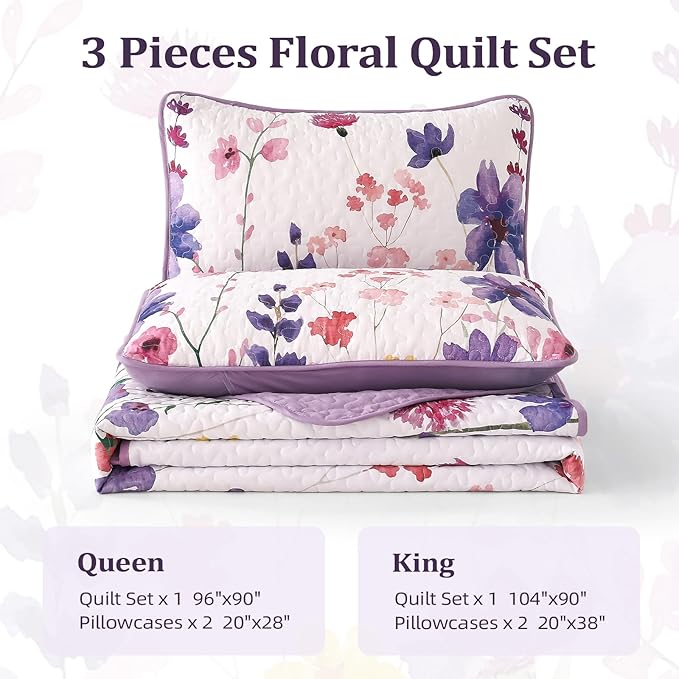 Anibedding Purple Quilt Set King, Floral Pattern Microfiber Bedspreads King Size 3 Pieces Lightweight Reversible Bedding Set with 2 Pillowcases(King, 104"x90")