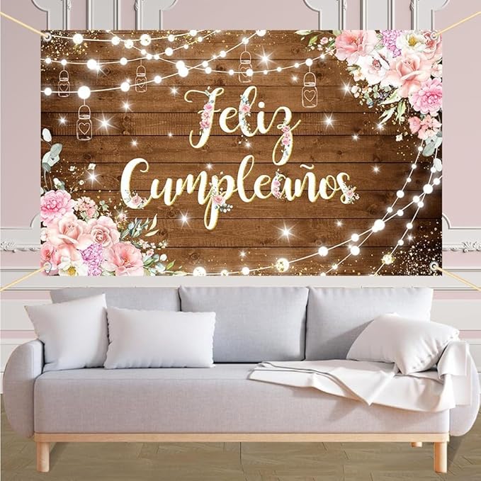 Feliz Cumpleaños Backdrop Pink Floral Retro Mexican Fiesta Happy Birthday Party Decorations Mexico Carnival Birthday Banner Photo Shoot Props 7x5ft