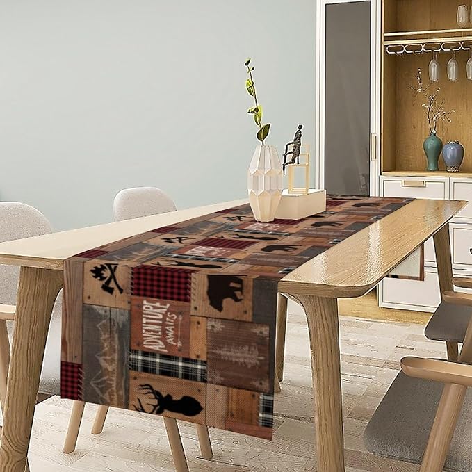 Rustic Cabin Moose Deer Bear Table Runner, Retro Bear Cottage Country Style Cabin Farmhouse Dinner Runner for Home Kitchen Dining Table Decoration 13"x120"