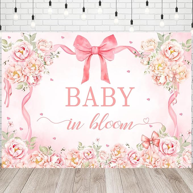 InMemory Pink Floral Baby Shower Backdrop for Girls Coquette Bow Flowers Love Hearts Gender Reveal It's a Girl Newborn Baby in Bloom Sign Banner Party Decorations Background 7x5ft