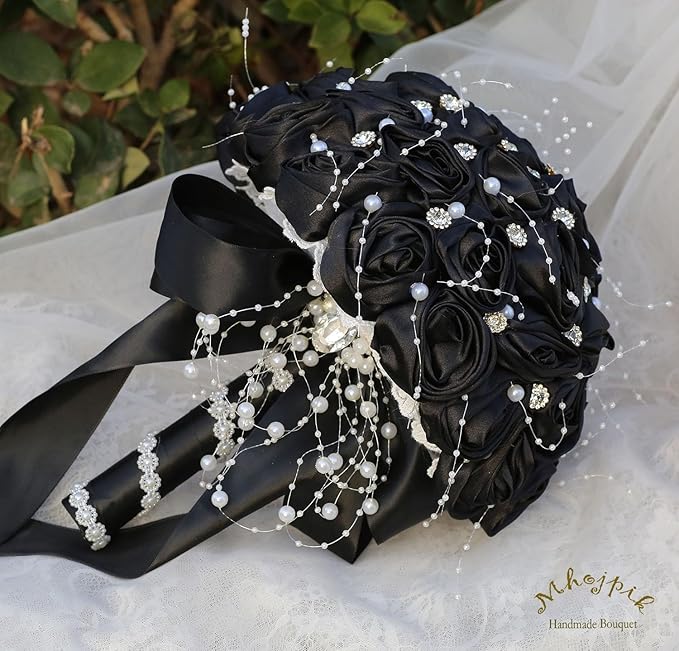Bridal Wedding Bouquet Round Bling Brooch Bouquet Throw Toss Artificial Rose Flower Bunch for Bride Bridesmaid Wedding Quinceanera(Black, 8.7")