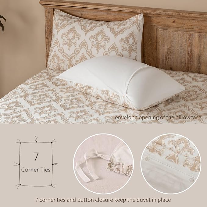 Cotton Floral Clipped Jacquard Duvet Cover Queen Size Bedding Set, Soft Textured Comfy Breathable Jacquard Comforter Duvet Cover with 2 Pillow Shams, Button Closure&Corner Ties, Khaki Color