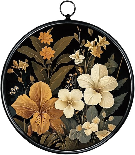 XIAOAIKA Round Vintage Wall Hanging Decor, Printed Textured Surface with Wood Back, Yellow Floral Design, Black Metal Frame, Ready to Hang for Living Room Bedroom, 10 Inch