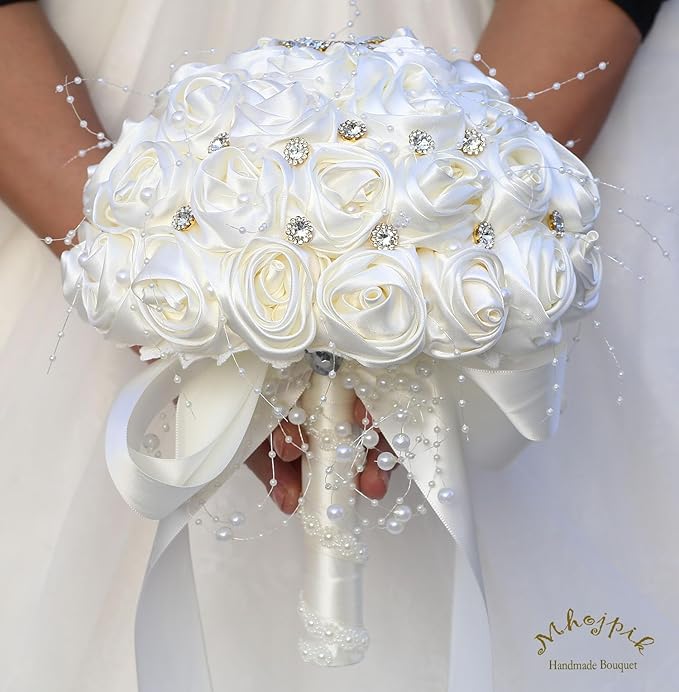 Bridal Wedding Bouquet Round Bling Brooch Bouquet Throw Toss Artificial Rose Flower Bunch for Bride Bridesmaid Wedding Quinceanera(Ivory, 9.8")