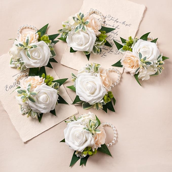 Meldel White Wrist Corsage, Set of 6, Homecoming Wrist Flower Girl/Mother Corsages Wristlet Décor Perfect for Bride Bridesmaids Wedding Guests Hand Flower, Proms, Party, Ceremony Anniversary