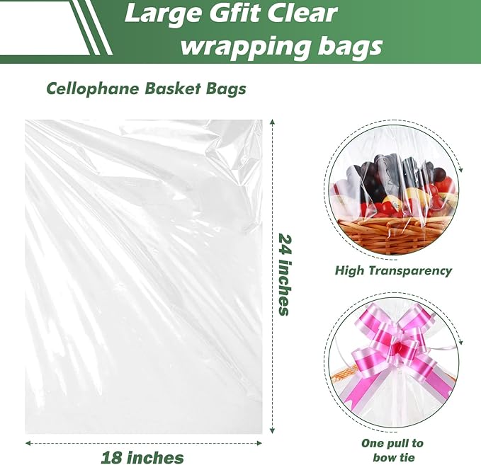 UltraOutlet 50 Packs Large Cellophane Bags 18" x 24" Clear Cellophane Gift Basket Wraps 2.3 Mil Thick Transparent Cello Bags for Fruit Basket, Gift Wrap, Treats, Arts and Crafts, 50ct Ribbon Bows