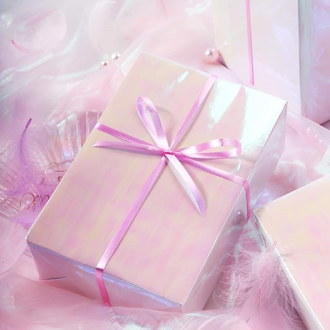 LeZakaa Pink Wrapping Paper Roll - Holographic Iridescent Wrapping Paper for Birthday, Valentine's, Mother's Day, Holiday - 17 inches x 32.8 Feet (47.23 sq.ft.)
