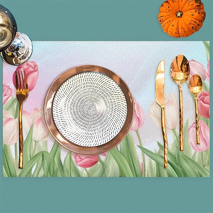 PVC Placemats Set of 4 Flower Tulip Pink Wipeable Table Mats Washable Heat Resistant Non Slip Vinyl Dining Table Mat for Kithen Indoor Outdoor Patio Farmhouse Place Mats Decorative