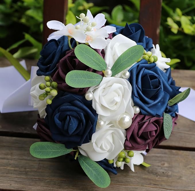 Lightweight Bridal Wedding Bouquet Round Holding Bouquet Throw Toss Artificial Rose Flower Bunch for Bride Bridesmaid Wedding Quinceanera (White, Navy & Dark Puce, 9.1")