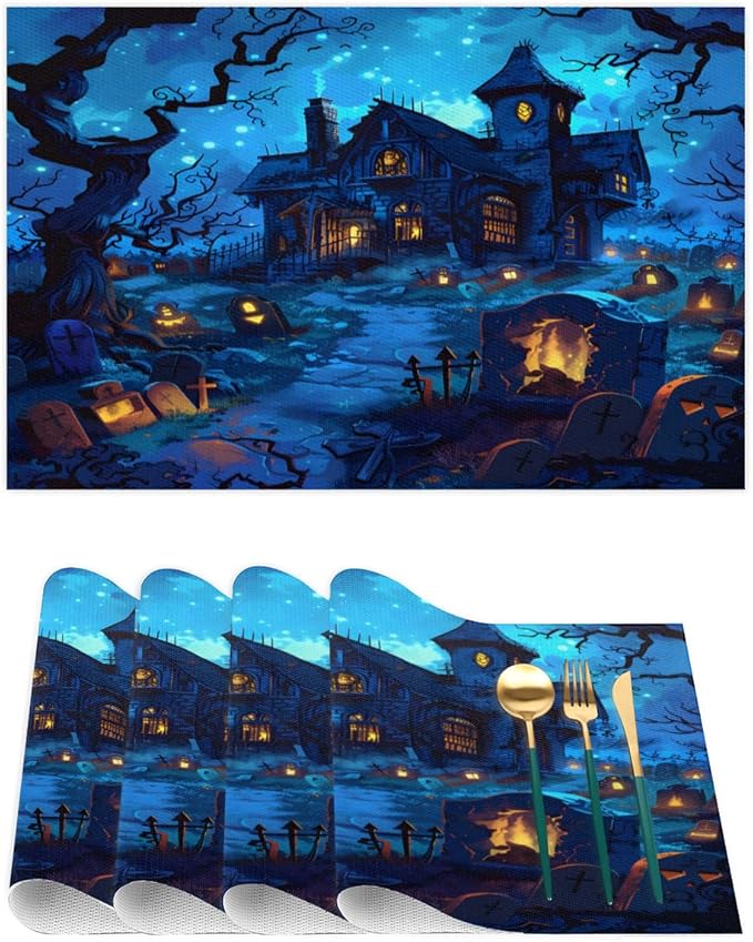 Halloween Castle Scary Blue Placemats Set of 6 PVC Vinyl Non Slip Table Mats Heat Resistant Place Mats Washable Wipeable Dining Table Mat for Kitchen Decor Party Indoor Outdoor Decorative Gift