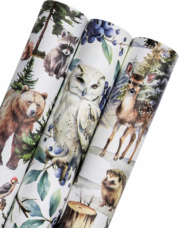 WRAPAHOLIC Kraft Christmas Wrapping Paper Roll - Mini Roll - 3 Rolls - 17 Inch x 120 Inch Per Roll - White Wild Animals Winterfall Watercolor Holiday Collection