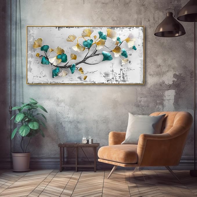 Wall Art Ginkgo Leaf Modern Botanical Artwork Canvas Painting for Living Room Bedroom Dining Room Home Office Decor 20"x40" with Framed