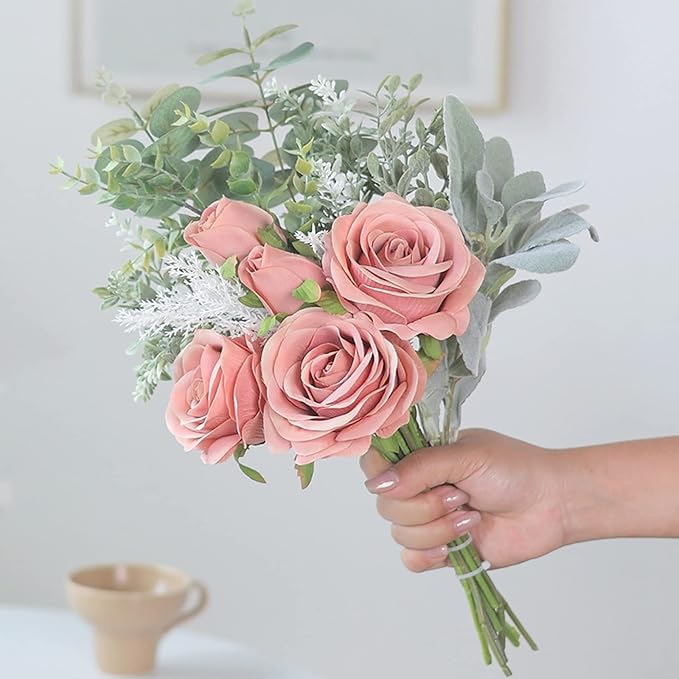 Faux Flowers with Vase,Artificial Silk Roses in Vase, Fake Plant Eucalyptus Flower Arrangement for Home Office Farmhouse Bathroom Dining Table Centerpiece Decorations Coffee Table Decor (Dusty Pink)