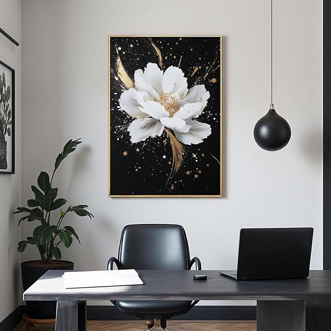 Framed Black and White Flower Canvas Wall Art for Living Room-Hand Painted Floral Wall Pictures for Bedroom- 3D Oil Painting for Office,Kitchen Home Wall Decorations 28" x 40"