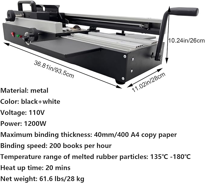 Manual Hot Glue Book Binding Machine A4 Desktop Wireless Hot Melt Glue Book Binder Binding Speed 200 Books/Hour 1.57" Binding Thickness for Office School Use 110V 1200W