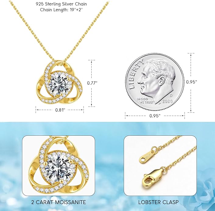 MOOSEA Love Knot Moissanite Necklace for Women, 1-3 ct D Color VVS1 Clarity 925 Sterling Silver Moissanite Pendant Necklace Anniversary Birthday Christmas Gifts for Women Wife Mom Girlfriend