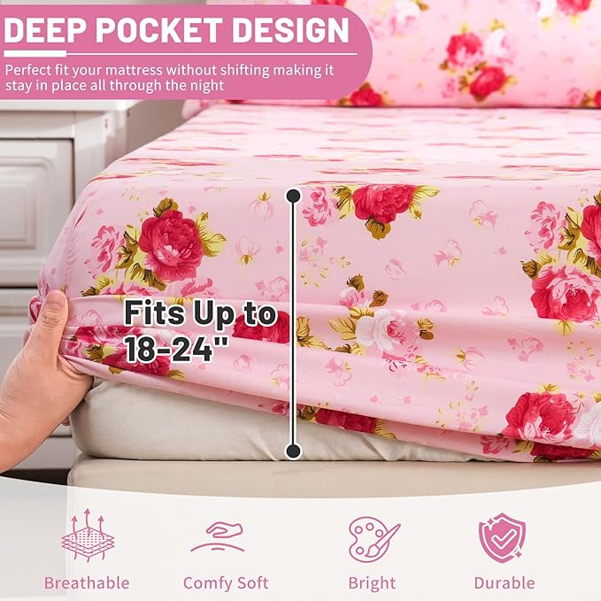 Bedlifes King Size Extra Deep Pocket Sheet Sets - Fits Mattresses Up to 18-24" Thick, 4-Piece Microfiber Set with 1800 Thread Count, Soft, Smooth, Breathable, Featuring Pink Floral Red Rose
