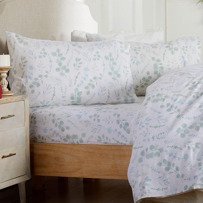 Market & Place 100% Cotton King Flannel Sheet Set | 4 Piece Deep Pocket Cozy Winter Floral Bed Sheets | Double Brushed for Extra Softness & Comfort | Alpine Collection (King, Eucalyptus Leaves)