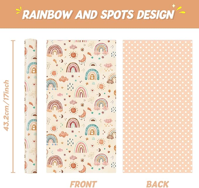 WERNNSAI Rainbow Wrapping Paper Roll - 1 Roll 17” x 33 ft Boho Baby Shower Wrapping Paper Yellow New Baby Girl Gift Packing for Kids Birthday Party Favor Reversible Polka Dot Design