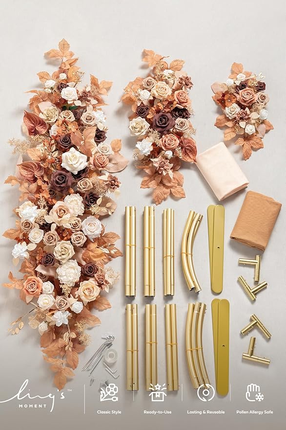 Ling's moment Wedding Arch Backdrop Stand with Flowers - 7.2FT, 6FT Set of 2 Metal Arch Frame with Drapes for Ceremony Decorations - Artificial Floral for Birthday Party, Baby Shower, Rust Boho