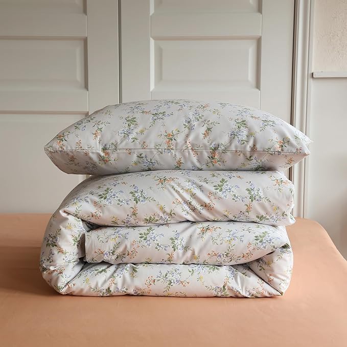 EAVD Vintage Style Garden Floral Duvet Cover Full Soft Cotton Chic Shabby Floral Pattern Bedding Set with 2 Pillowcases Fresh Botanical Comforter Cover with Zipper Closure