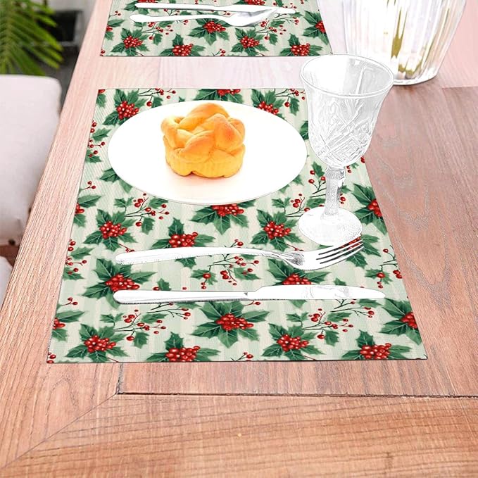 PVC Placemats Set of 4 Wipeable Table Mats Washable Heat Resistant Non Slip Vinyl Dining Table Mat for Kitchen Indoor Outdoor Patio Farmhouse Place Mats Christmas Red Berry Decorative