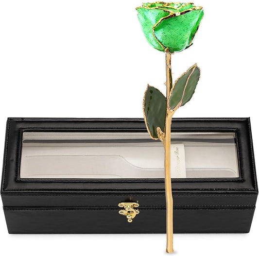 Forever Rose Hand-Dipped in 24K Gold, Peridot-Inspired August Birthstone with Sparkles, Real Rose in Leather Case with LED Light – Perfect Ready to Gift for August Birthday or Any Occasion