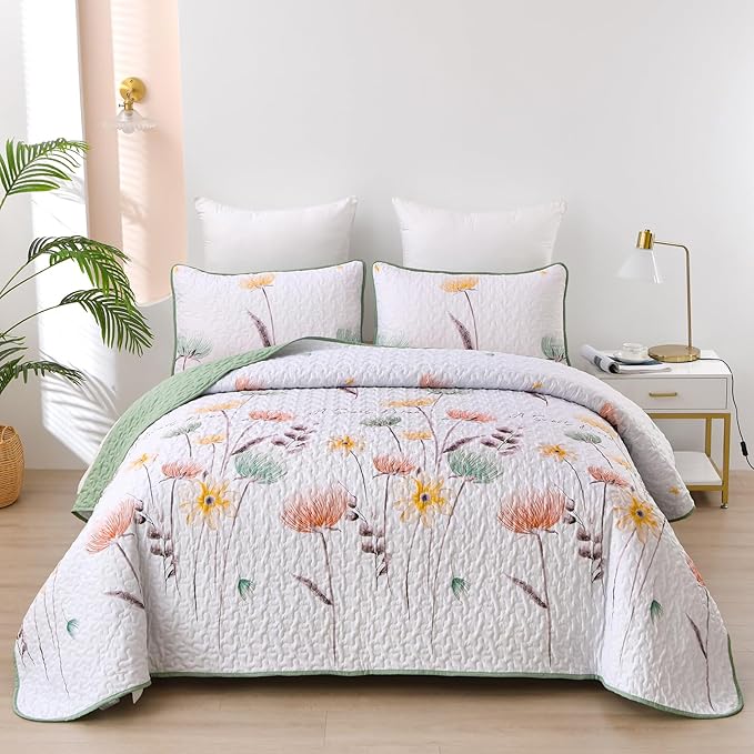 Dinjoy King Size Quilt Set Floral,3 Pieces Green & Yellow Quilts Coverlet Set Boho Cute Bedspreads Bed Cover Lightweight White Bedding Sets for Spring Bed (90"x110")