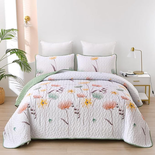 Dinjoy King Size Quilt Set Floral,3 Pieces Green & Yellow Quilts Coverlet Set Boho Cute Bedspreads Bed Cover Lightweight White Bedding Sets for Spring Bed (90"x110")