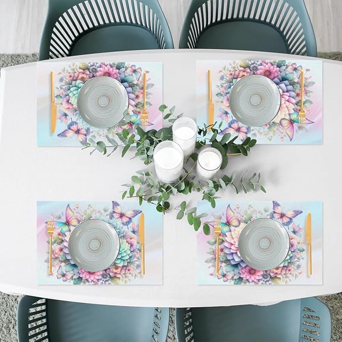 PVC Placemats Set of 6 Spring Flower Floral Wipeable Table Mats Washable Heat Resistant Non Slip Vinyl Dining Table Mat for Kithen Indoor Outdoor Patio Farmhouse Place Mats Decorative
