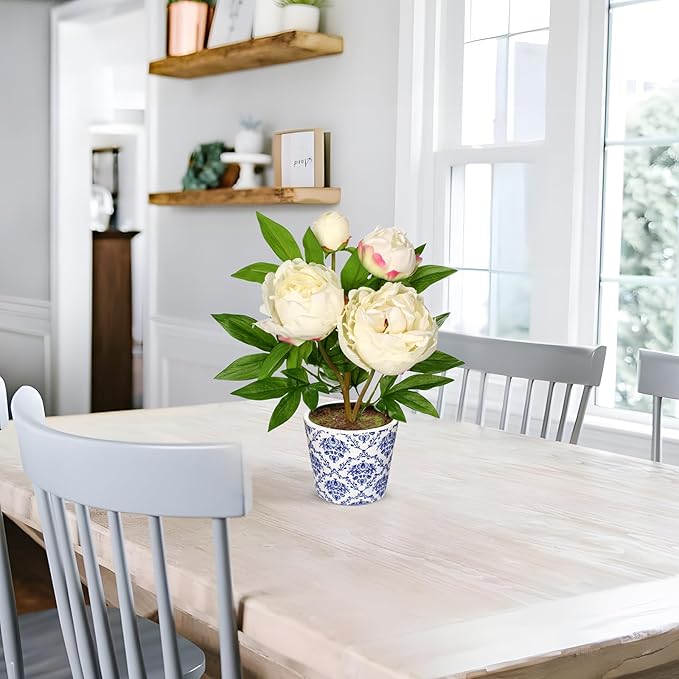 Briful Faux Peony Flowers in Blue and White Ceramic Pot 13.8" Realistic Silk Peonies Artificial Peony Floral Arrangement Fake Potted Flowers for Home Office Room Desk Shelf Decoration(White)