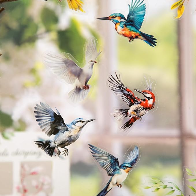 TIAMECH Flowers Birds Sing PET Stickers - 120 Pcs Feather Blossom Branch & Sparrow Pigeon Song Design, Waterproof Sticker for Journaling & Scrapbooking, Junk Journal Supplies, Ephemera & DIY Crafts