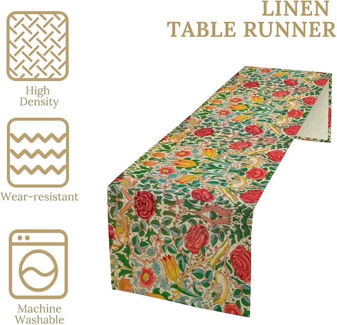 William Morris Original Design Red Rose Table Runner Vintage Floral Table Runner for Dining Table Decor 13 x 60 Inch