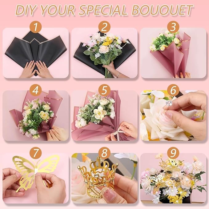 Majreey Floral Wrapping Paper Kit, 60Sheet Waterproof Floral Paper, 3Rolls Ribbon for Flower Bouquet, 2Rolls Transparent Tape,100Pcs Flower Pins, 48Pcs 3D Butterflies, 9Pcs Crowns 3 Floral Foam Blocks