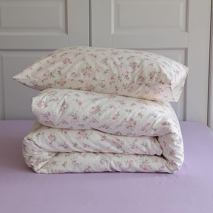 EAVD Botanical Floral Duvet Cover Twin Soft Cotton Chic Shabby Garden Pink Purple Floral Bedding Set with 2 Pillowcases Reversible Vintage Floral Comforter Cover with Zipper Closure