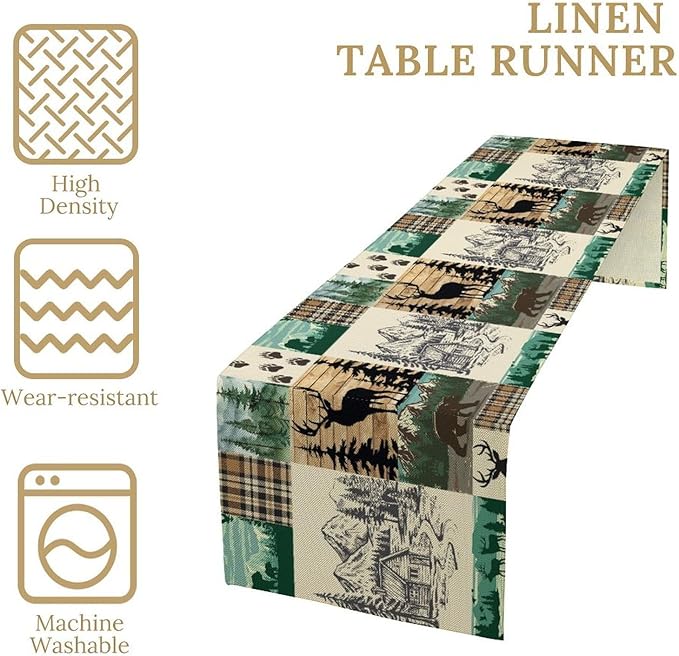 Rustic Cabin Table Runner, Farmhouse Deer Bear Retro Pine Forest Wooden Plank Wild Animal Seasonal Coffee Table Center Decor for Home Kitchen Dining Holiday Party Table Decorations 13x108 inches