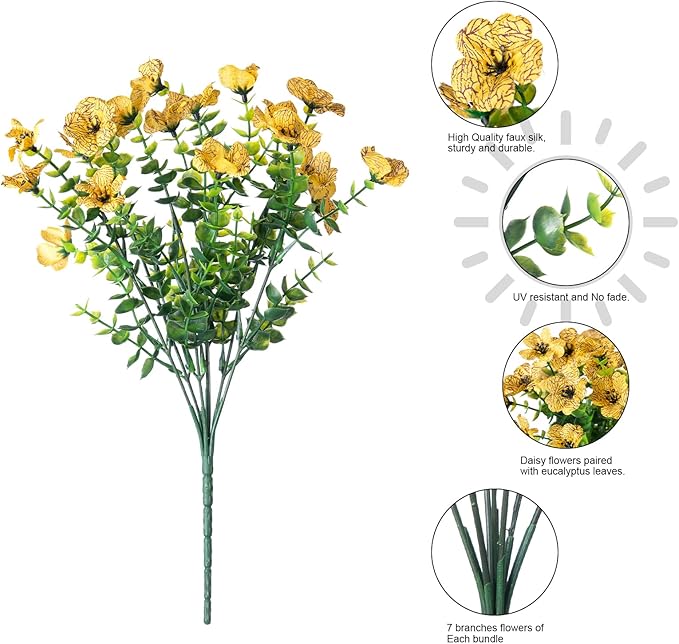 Artificial Fall Flowers Fake Mums for Outdoor Autumn Decoration, 12 Bundles Faux Silk Orange Yellow Mums Daisy Look Real UV Resistant for Outside Home Porch Patio Planter