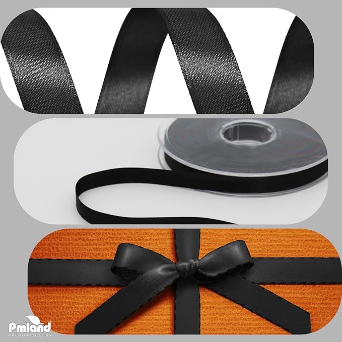 PMLAND Black Fabric Satin Ribbon 3/8'' Inch x 27 Yards Double Faced Use for Crafts Gift Wrapping Floral Bouquets Ornaments Hair Bows Party Decoration