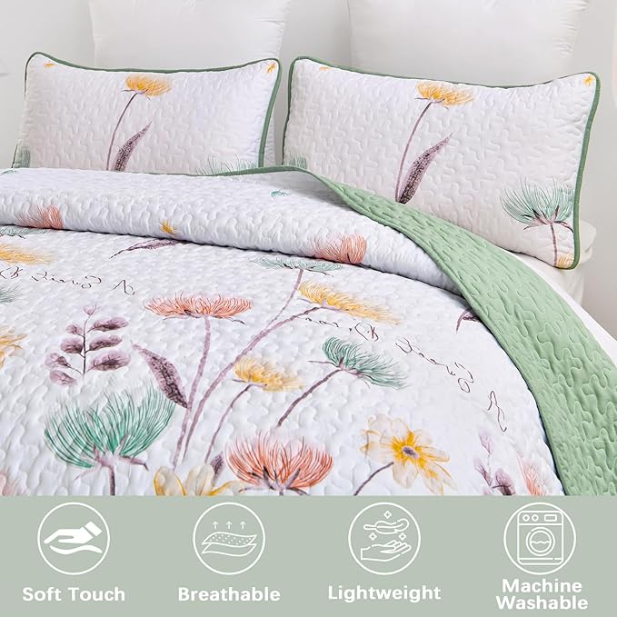 Dinjoy King Size Quilt Set Floral,3 Pieces Green & Yellow Quilts Coverlet Set Boho Cute Bedspreads Bed Cover Lightweight White Bedding Sets for Spring Bed (90"x110")