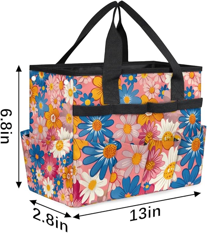 Garden Tool Bag Organizer Garden Tote Bag with Pockets Small Print Flowers Tool Storage Organizer Gardening Tool Kit Holder 13" x 6.8" x 2.8"