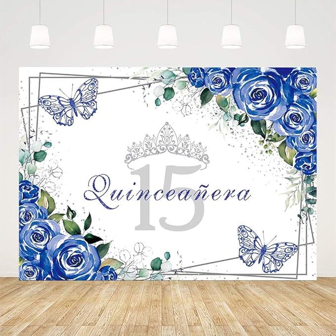 SENDY 8x6ft Quinceañera Backdrop Mis Quince 15 Anos Birthday Party Decoration Supplies for Girl Princess Royal Blue Floral Butterfly Silver Crown Photography Background Banner Photo Booth Studio Props